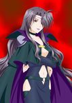  black_hair bridal_gauntlets cape choker crossed_arms funbust hair_over_one_eye highres lipstick long_hair lyrical_nanoha mahou_shoujo_lyrical_nanoha makeup navel navel_cutout precia_testarossa purple_eyes purple_lipstick solo underboob_cutout very_long_hair 