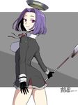  gloves hair_intakes ikeshita_moyuko kantai_collection mechanical_halo polearm purple_eyes purple_hair school_uniform short_hair smile solo tatsuta_(kantai_collection) weapon 