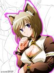  animal_ears artist_name breasts brown_hair cat_ears cleavage cleavage_cutout covered_nipples dated large_breasts linith lyrical_nanoha mahou_shoujo_lyrical_nanoha purple_eyes s-now short_hair smile solo zoom_layer 