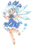  90s :d barefoot blue_eyes blue_hair blush bow cirno dress fang feet full_body hair_bow ice marker_(medium) open_mouth oyatsu_(mk2) short_hair simple_background smile snowflakes solo toes touhou traditional_media white_background wings 