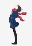  arakawa_(aintnoroom) black_hair black_legwear blazer from_side grey_background hands_in_pockets jacket looking_up original pantyhose pleated_skirt red_scarf scarf short_hair simple_background skirt solo uniform 