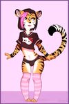  2015 anthro brown_hair bulge chibi clothing cute_fangs feline front_view girly grey_eyes hair hello_kitty legwear looking_away male mammal navel open_mouth pink_hair shirt short_shirt slayer_(slayerofpiggys) smile solo standing striped_legwear sweatband thigh_highs tiger two_tone_hair underwear wide_hips yuurikin 