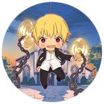  ai-wa blonde_hair chain chibi church enkidu_(weapon) fate/stay_night fate_(series) gate_of_babylon gilgamesh male_focus open_mouth red_eyes smile solo tree 