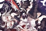  aircraft_carrier_oni armor armored_boots black_dress boots covered_mouth dress gauntlets horns kantai_collection kureaki_(exit) long_hair midway_hime multiple_girls one_side_up pale_skin red_eyes sailor_dress shinkaisei-kan short_dress thigh_boots thighhighs very_long_hair white_dress white_hair white_skin 