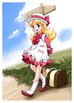  1girl ashita_no_nadja blonde_hair blue_eyes blush boots bow dress hat hitchhiking kikurage_(crayon_arts) nadja_applefield outdoors outside road sigh standing suitcase 