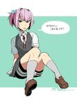  bike_shorts blue_eyes gloves ikeshita_moyuko kantai_collection neck_ribbon pink_hair ponytail red_neckwear red_ribbon ribbon school_uniform shiranui_(kantai_collection) short_hair shorts shorts_under_skirt skirt solo translated white_gloves 