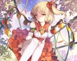  alternate_costume alternate_wings apple ascot bare_shoulders blonde_hair commentary detached_sleeves dress flandre_scarlet food fruit grapes hair_ornament hillly_(maiwetea) long_sleeves mango orange papaya persimmon red_dress side_ponytail sitting smile solo thighhighs touhou white_legwear wings yellow_eyes zettai_ryouiki 