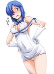  blue_eyes blue_hair blue_ribbon blush breasts cameltoe cleavage cosplay covered_navel dungeon_ni_deai_wo_motomeru_no_wa_machigatteiru_darou_ka gloves hands_on_hips hestia_(danmachi) hestia_(danmachi)_(cosplay) himoo_yuina hisakawa_chin medium_breasts open_mouth rei_no_himo ribbon simple_background solo sweatdrop tokimeki_memorial translation_request white_background white_gloves 