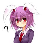  ? alternate_hair_length alternate_hairstyle animal_ears blazer bunny_ears commentary_request dress_shirt jacket necktie purple_hair red_eyes red_neckwear reisen_udongein_inaba revision shirt short_hair solo touhou transparent_background upper_body us2s 