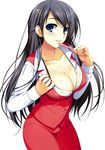  absurdres black_bra black_hair blue_eyes blush bra breasts cleavage hair_ornament hairclip highres large_breasts long_hair looking_at_viewer mechanical_pencil open_clothes open_shirt original pencil shirt simple_background solo tomose_shunsaku underwear wet wet_clothes wet_shirt white_background 