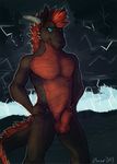  2014 anthro balls black_penis black_scales blue_eyes chasington dragon front_view fur hair hands_on_hips horn jackstone looking_at_viewer male nude penis penis_tip red_fur red_hair red_scales scalie sheath smile solo standing 