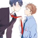  1girl age_regression artist_name bad_id bad_twitter_id blue_hair brown_eyes brown_hair gekkan_shoujo_nozaki-kun green_eyes height_difference hori_masayuki kashima_yuu mery_(apfl0515) necktie necktie_grab neckwear_grab profile reverse_trap sanpaku short_hair star sweatdrop white_background younger 