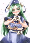  blue_capelet blush breasts capelet commentary_request embarrassed green_eyes green_hair hat heart heart_hands large_breasts long_hair mima ribbon skirt solo touhou touhou_(pc-98) underboob yohane 
