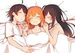  2girls bed bisexual_(female) black_hair cr-r hikigaya_hachiman holding_hands multiple_girls orange_hair sleeping smile yahari_ore_no_seishun_lovecome_wa_machigatteiru. yuigahama_yui yukinoshita_yukino 