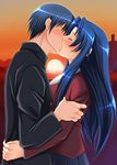  1girl bad_id bad_pixiv_id blue_hair couple hetero highres kawashima_ami kiss long_hair school_uniform sunset takasu_ryuuji toradora! yuunagi_kanade 