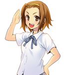 :d arm_up azu blue_ribbon blush brown_eyes brown_hair buttons collared_shirt hair_pulled_back hand_on_hip k-on! looking_at_viewer lowres open_mouth ribbon salute school_uniform shirt short_hair short_sleeves simple_background smile solo tainaka_ritsu upper_body v-shaped_eyebrows white_background wing_collar 