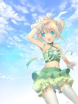  :d artist_name blonde_hair bloomers blue_eyes cloud cloudy_sky criss-cross_halter day detached_sleeves eyebrows_visible_through_hair feathers hair_feathers halterneck long_hair midriff navel open_mouth original outdoors pan_(mimi) puffy_detached_sleeves puffy_sleeves ribbon shading_eyes side_ponytail sky smile solo thighhighs underwear white_legwear 