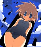  blue_eyes blush brown_hair cloud day from_below one-piece_swimsuit original pointy_ears sakaki_(noi-gren) school_swimsuit short_hair sky solo swimsuit wet 