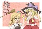  azuma_takeshi_(andon_kandelaar) bat_wings blonde_hair braid broom fang flandre_scarlet hat highres kirisame_marisa long_hair multiple_girls one_side_up ponytail remilia_scarlet short_hair touhou vampire wings witch_hat yellow_eyes 