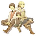  ahoge ascot axis_powers_hetalia azumi_(rondarondo) blonde_hair blue_eyes boots brown_hair child france_(hetalia) green_eyes grey_eyes hair_ribbon laces male_focus multiple_boys pants ribbon southern_italy_(hetalia) spain_(hetalia) waistcoat 