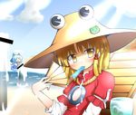  bad_id bad_pixiv_id beach blonde_hair censored cirno cosplay day dripping fake_censor fan food hair_ribbon hat highres moriya_suwako multiple_girls onbashira popsicle ribbon sexually_suggestive torichiyo touhou yasaka_kanako yasaka_kanako_(cosplay) yellow_eyes 