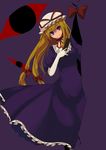  bad_id bad_pixiv_id blonde_hair bow elbow_gloves fan fuurin_(omaemona) gap gloves hair_bow hat long_hair purple_eyes ribbon solo touhou white_gloves yakumo_yukari 