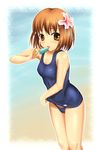  bad_id bad_pixiv_id brown_eyes brown_hair copyright_request flower food hair_ornament hairclip hibiscus highres one-piece_swimsuit popsicle school_swimsuit solo supertie swimsuit swimsuit_pull 