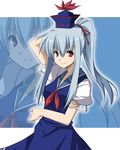  alternate_hairstyle blue_hair dress hand_behind_head hat kamishirasawa_keine kasu_kazu long_hair ponytail red_eyes smile solo touhou zoom_layer 