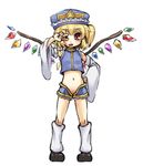  bad_id bad_pixiv_id blonde_hair cosplay detached_sleeves fang flandre_scarlet hat leg_warmers midriff navel no_panties ofuro_mantarou one_eye_closed red_eyes shiki_eiki shiki_eiki_(cosplay) solo touhou wings 