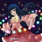  bad_anatomy black_hair branch brown_eyes danmaku dark dress glowing houraisan_kaguya jeweled_branch_of_hourai kurosawa_kazuto long_hair open_mouth outstretched_arms outstretched_hand ribbon solo spread_arms touhou 