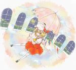  any_(lucky_denver_mint) bad_id bad_pixiv_id blonde_hair blush cloud flandre_scarlet floating full_moon hat kneehighs moon open_mouth outstretched_arm parasol red_eyes short_hair smile solo surreal touhou umbrella white_legwear window wings 