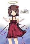  amami_haruka blush bob_cut brown_hair choker dress elbow_gloves fake_halo flower gloves green_eyes hair_flower hair_ornament hair_ribbon halo idolmaster idolmaster_(classic) koyama_tomosato ribbon rose short_hair solo wings 