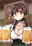  alcohol ashiga_oreta beer blush breasts brown_eyes brown_hair cleavage dirndl german_clothes gertrud_barkhorn hair_ribbon large_breasts long_hair maid oktoberfest ribbon solo strike_witches twintails underbust world_witches_series 