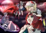  :d apron beret blonde_hair blue_dress blush carrying dress flandre_scarlet frills hal_(goshujinomocha) hat hong_meiling izayoi_sakuya looking_at_viewer magic_circle mob_cap moon multiple_girls one_side_up open_mouth patchouli_knowledge puffy_short_sleeves puffy_sleeves red_eyes red_moon remilia_scarlet short_sleeves shoulder_carry silver_hair smile star touhou upper_body waist_apron 