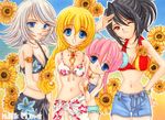  bikini bikini_top black_hair blonde_hair blue_eyes bracelet braid brown_eyes collet_brunel front-tie_top fujibayashi_shiina highres jewelry long_hair milkcrown20 multiple_girls pink_hair presea_combatir refill_sage sarong short_hair shorts silver_hair smile swimsuit tales_of_(series) tales_of_symphonia 