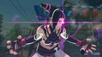  belt black_hair crop_top fingerless_gloves gloves glowing glowing_eye han_juri midriff nail_polish outstretched_arms pink_eyes short_twintails smile solo spread_arms street_fighter street_fighter_iv_(series) twintails watermark 