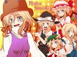  animal_ears blonde_hair blue_eyes broom cat_ears character_name chen chen_(cosplay) cosplay detached_sleeves eyes flandre_scarlet flandre_scarlet_(cosplay) hair_ornament hat kirisame_marisa kirisame_marisa_(cosplay) kochiya_sanae kochiya_sanae_(cosplay) moriya_suwako short_hair snake touhou wings witch_hat yuma324 