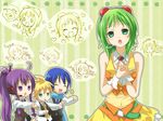  3boys ahoge aqua_eyes blonde_hair blue_hair chibi goggles goggles_on_head green_eyes green_hair gumi izumi_yuu_(mee) kagamine_len kaito kamui_gakupo multiple_boys multiple_girls open_mouth purple_eyes purple_hair short_hair skirt smile vocaloid wrist_cuffs 