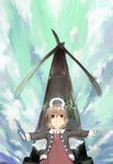  brown_eyes brown_hair cloud coat from_below haibane_renmei halo outstretched_arms rakka short_hair sky solo spread_arms u_(the_unko) wind_turbine windmill wings younger 