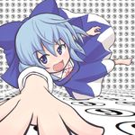  1girl azuma_takeshi_(andon_kandelaar) barefoot blue_eyes blue_hair bow cirno foreshortening hair_bow hands short_hair solo touhou 