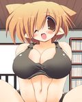  animal_ears bad_id bad_pixiv_id bare_shoulders blush bookshelf breasts brown_eyes brown_hair cat_ears ceiling cleavage extra_ears fang from_below large_breasts navel one_eye_closed open_mouth original pointy_ears pov sakaki_(noi-gren) sexually_suggestive short_hair solo spread_legs v_arms 
