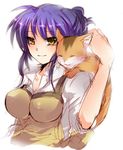  breasts cat clannad kurohara_yuu large_breasts long_hair lowres non-web_source purple_hair sagara_misae shirt sleeves_rolled_up smile solo white_shirt yellow_eyes 
