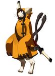  :&lt; animal_hood belt blazblue cat cat_hood coat eyepatch highres hood hoodie huge_weapon jubei_(blazblue) long_sleeves male_focus mori_toshimichi multiple_tails official_art paws sheath sheathed simple_background solo standing sword tail tiptoes weapon whiskers white_background 