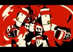  armor clenched_hands cloud cowboy_shot fighting_stance fuukadia_(narcolepsy) glowing glowing_eye gun letterboxed looking_at_viewer mecha no_humans red_background rubble simple_background solo standing super_robot_wars super_robot_wars_original_generation weapon yellow_eyes 