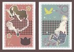  1girl axis_powers_hetalia bird brown_hair chick closed_eyes flower hungary_(hetalia) mol pink plaid postage_stamp prussia_(hetalia) red_eyes school_uniform silver_hair 