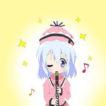  blue_eyes blue_hair chiro_(bocchiropafe) clarinet hat highres hiiragi_tsukasa instrument lucky_star merlin_prismriver musical_note one_eye_closed parody short_hair solo style_parody touhou 
