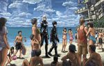  6+girls artist_request beach bikini bikini_skirt black_hair blame! bodysuit cibo cyberpunk day height_difference jpeg_artifacts killy megastructure multiple_boys multiple_girls one-piece_swimsuit parody scenery science_fiction source_request swimsuit white_hair white_skin 