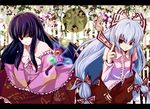  black_hair bow fire fujiwara_no_mokou hair_bow hair_ribbon houraisan_kaguya long_hair multiple_girls red_eyes ribbon silver_hair suspenders tori_rui touhou 