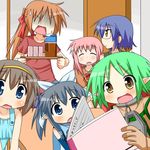  :d black_hair blue_eyes blue_hair brown_hair glasses green_hair headband iinchou_(trouble_spirit) kori_(trouble_spirit) minami_(colorful_palette) multiple_girls open_mouth original pink_hair pointy_ears sawatari_miko sawatari_riko smile tiko_(trouble_spirit) trouble_spirit! v-shaped_eyebrows yellow_eyes yokomiya_satsuki 