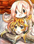  arm_warmers blonde_hair blue_eyes blush_stickers headset kagamine_len lowres md5_mismatch megurine_luka resized shuu_(pe-po) smile sweatdrop takoluka tentacles traditional_media vocaloid watercolor_(medium) 